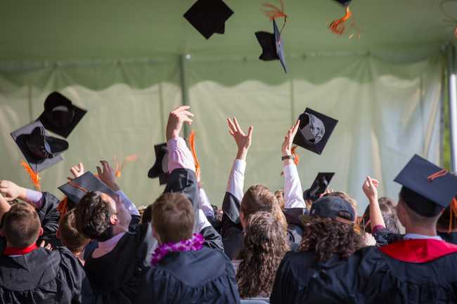 University graduates throwing their hats in the air