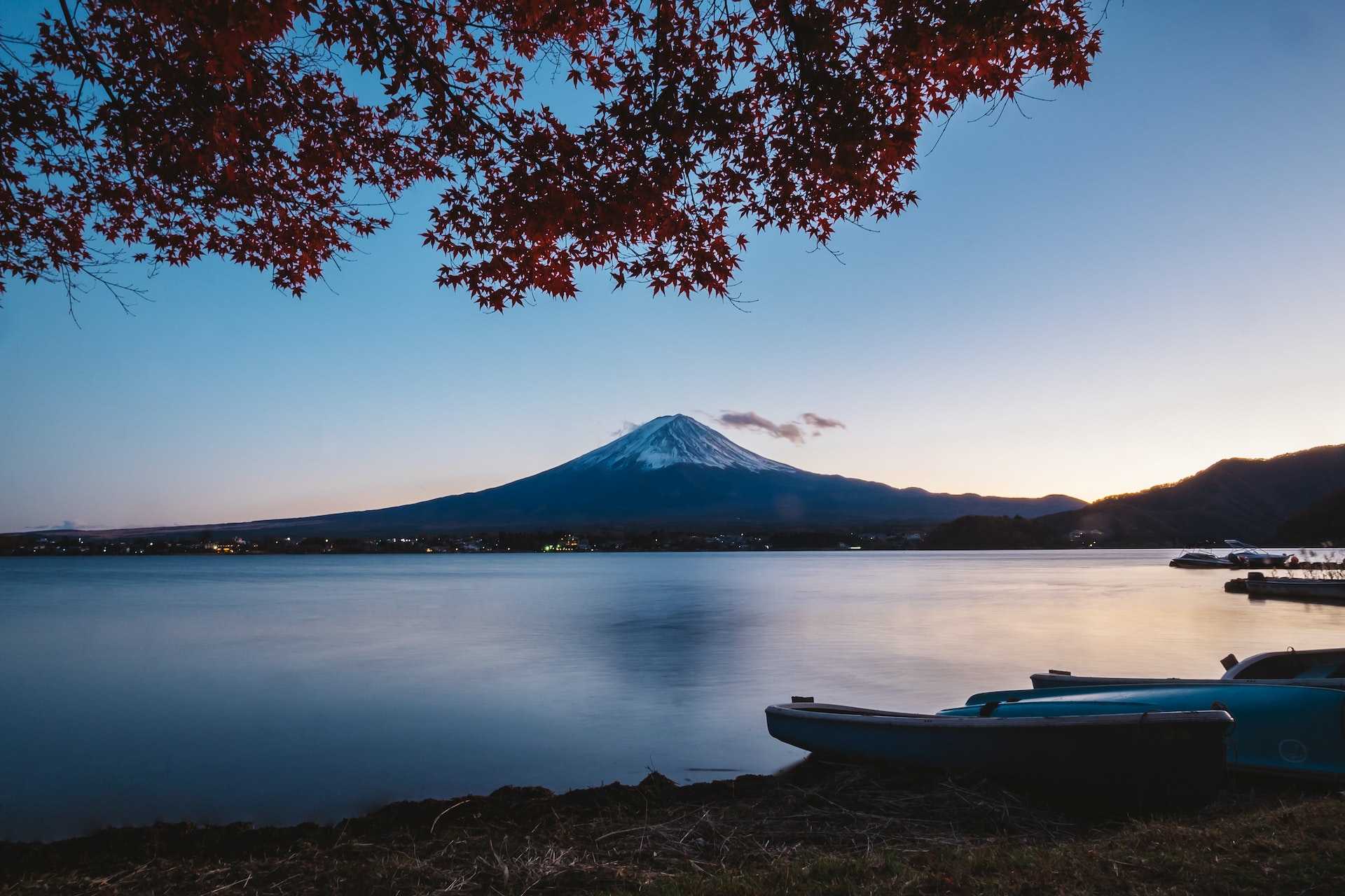 Mountain in the distance across a lake in Fujikawaguchiko, Yamanashi, Japan
